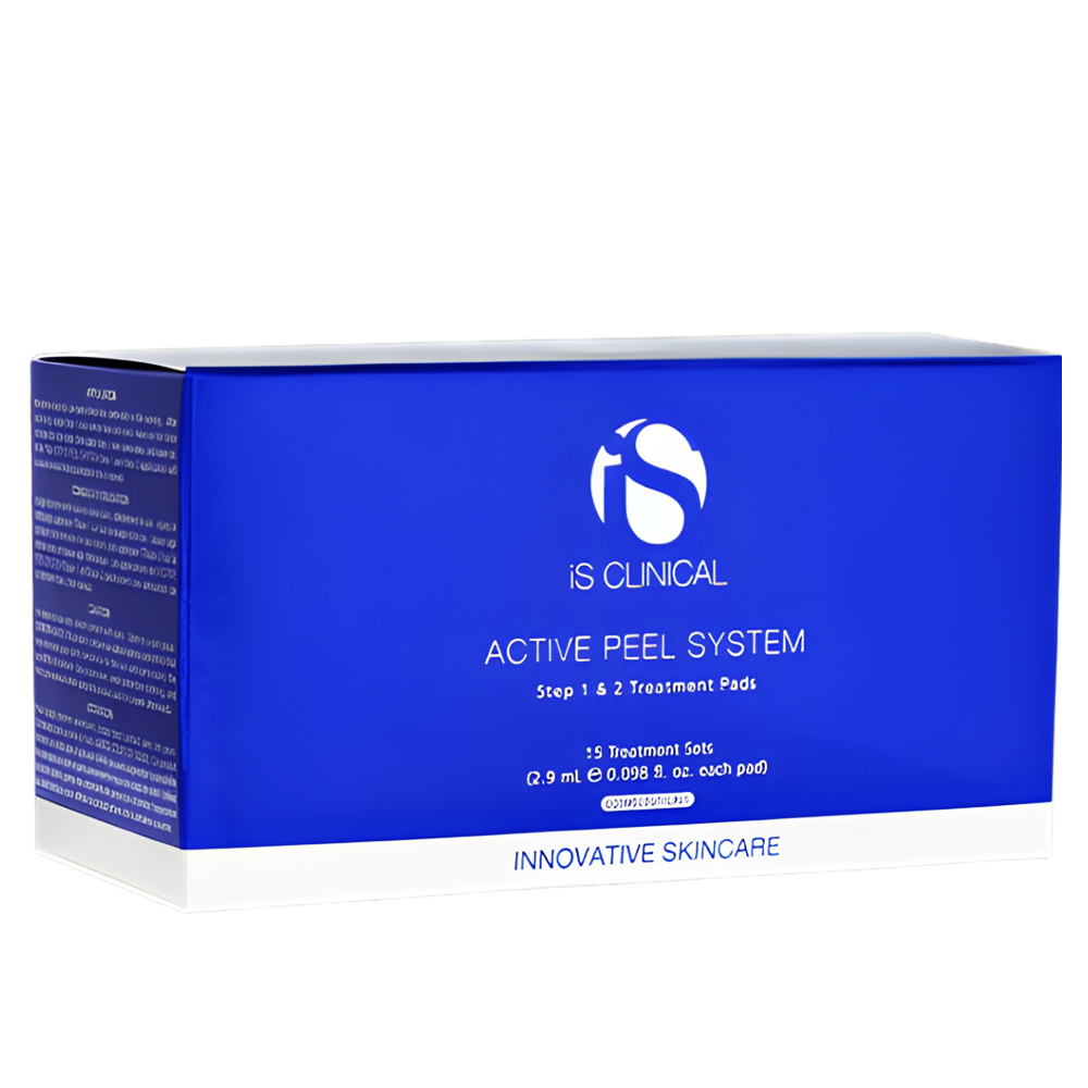 Blue box of iS Clinical Active Peel System on a white background