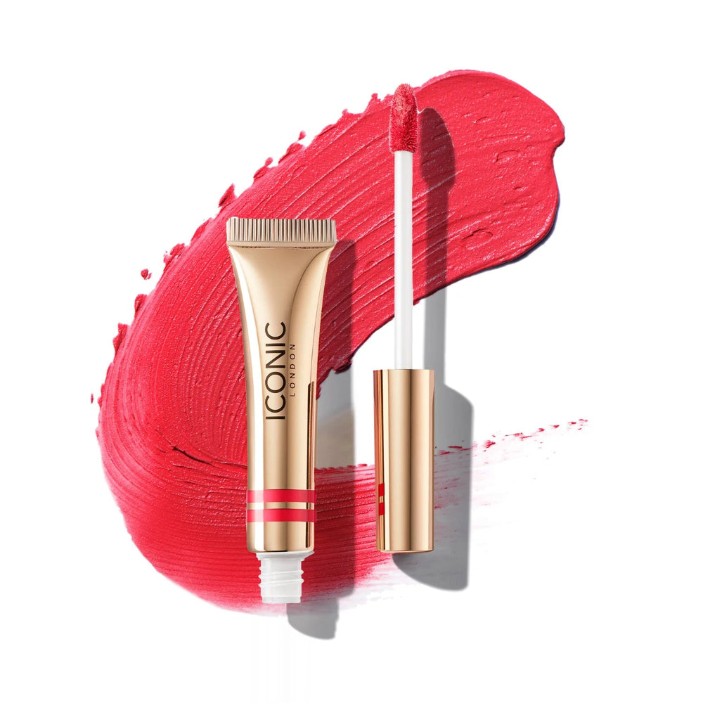 Cosmetic tube and applicator on a red background with 'Iconic' branding.