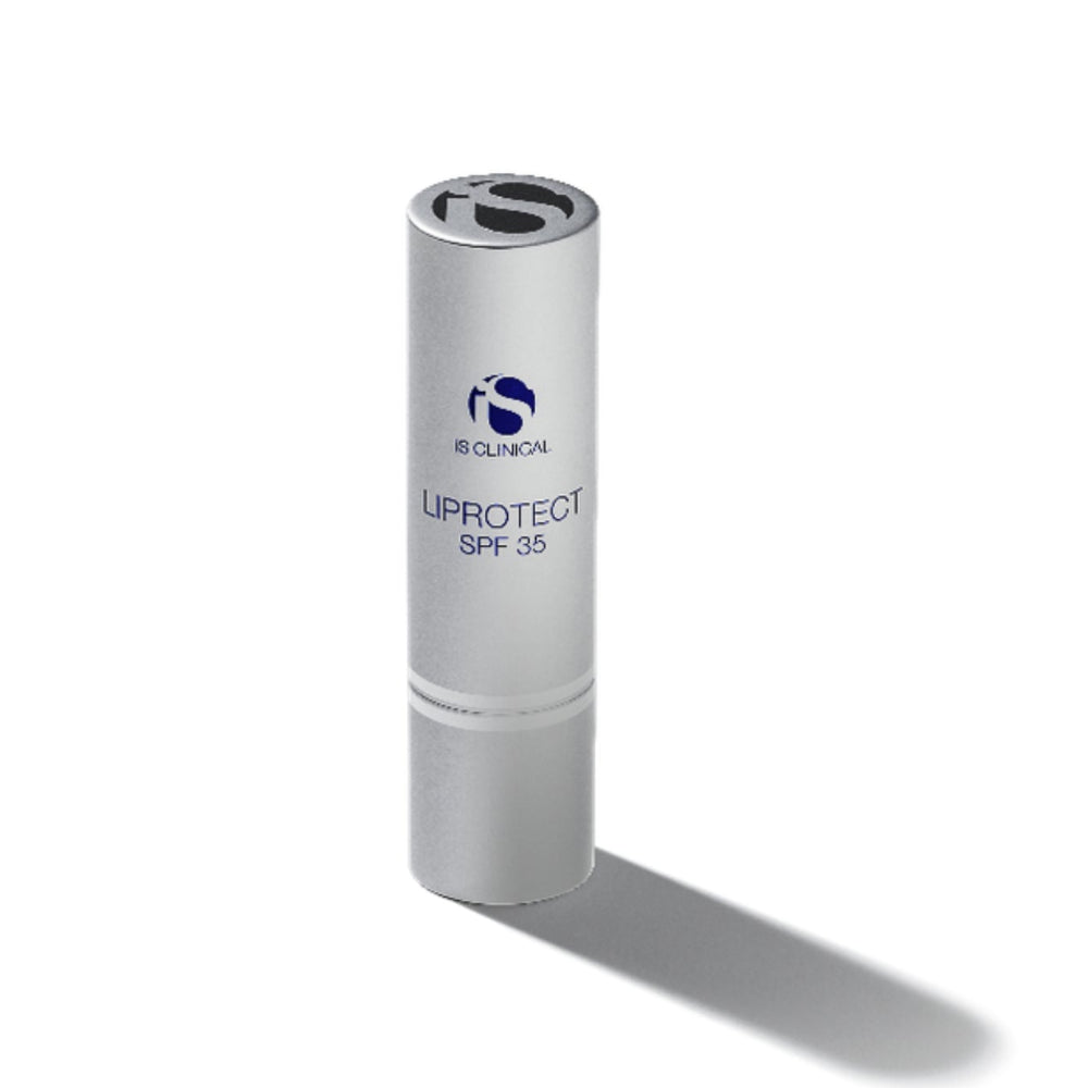 Silver sunscreen tube labeled 'Lip Protect SPF 35' on a white background