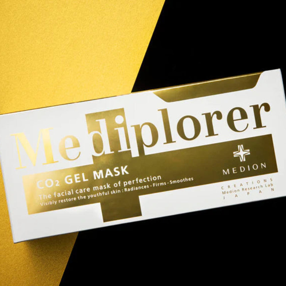 Mediplorer CO2 Gel Mask packaging on a yellow and black background