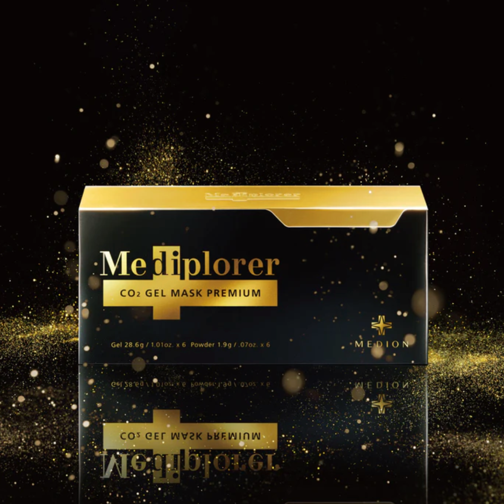 Mediplorer CO2 Gel Mask Premium packaging on a black background with gold accents