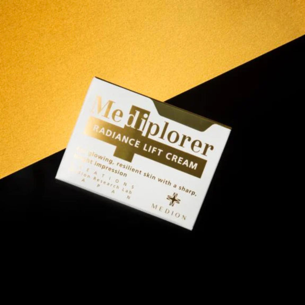 Mediplorer Radiance Lift Cream packaging on a gold and black background