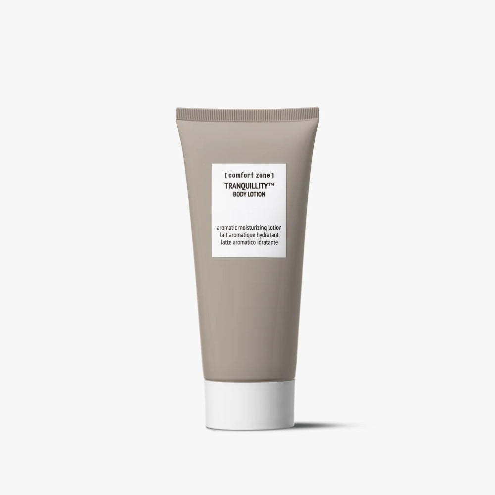 Body lotion tube labeled 'Tranquillity' on a white background