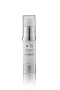 Eye serum bottle with silver cap and white label on a white background