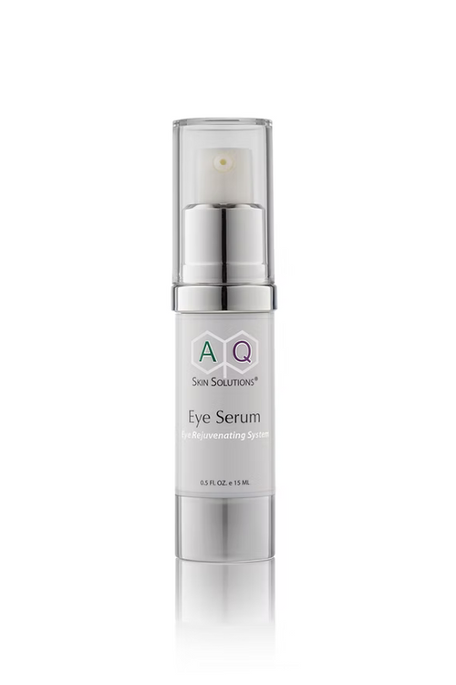 Eye serum bottle with silver cap and white label on a white background