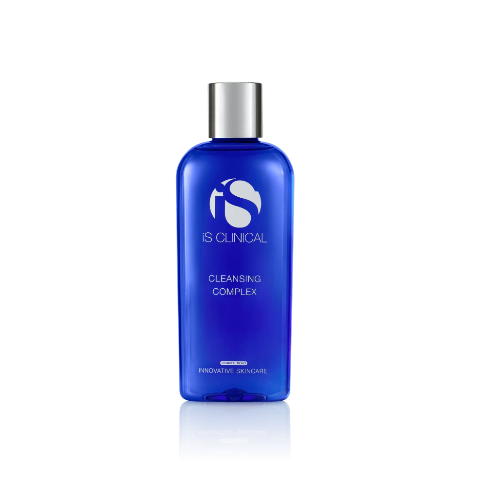 Blue bottle of IS Clinical Cleansing Complex on a white background