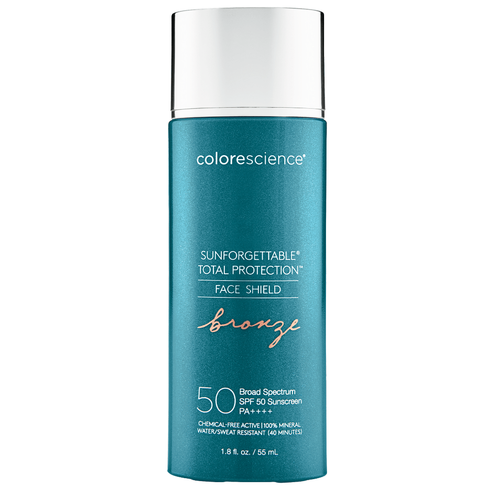 Blue bottle of Colorescience Sunforgettable Total Protection Face Shield on a green background