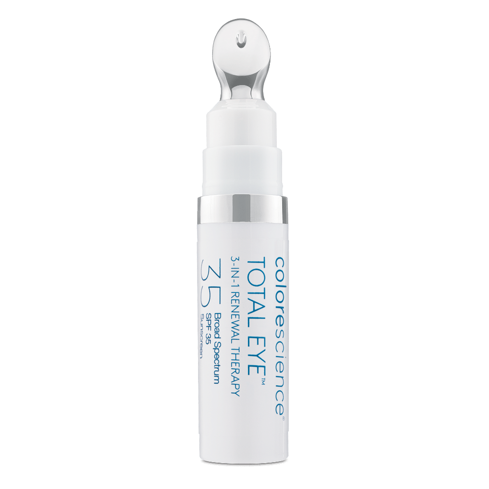 Colorescience Total Eye serum bottle on a green background