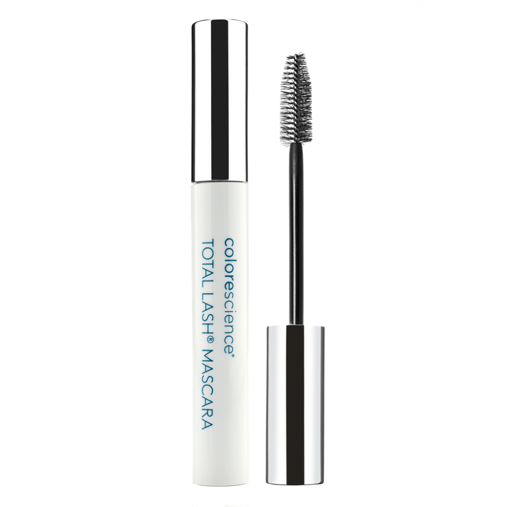 Colorescience Total Lash Mascara with silver cap and black bristle brush on a green background