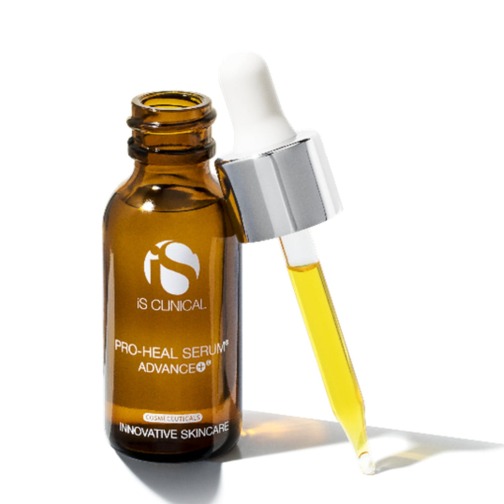 Brown serum bottle with dropper labeled 'IS Clinical' on a white background
