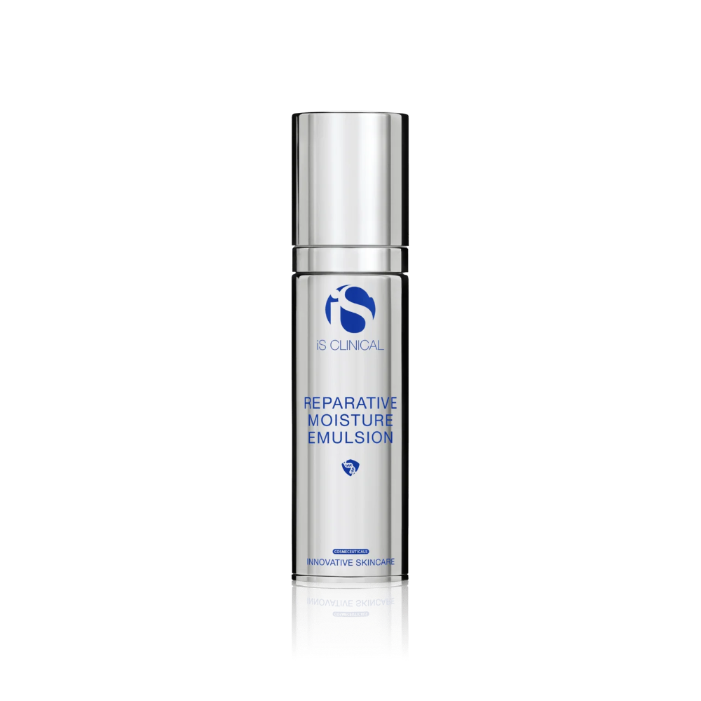 Skincare bottle labeled 'Reparative Moisture Emulsion' on a white background