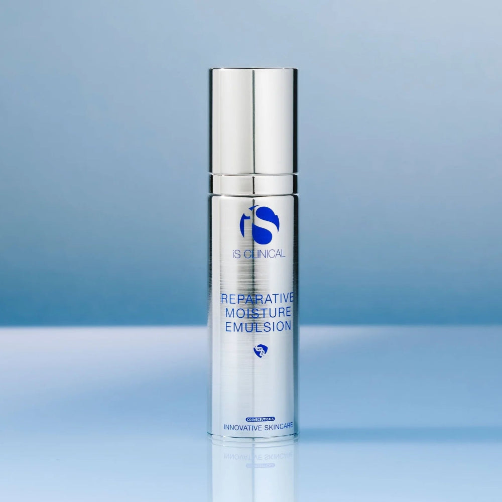 Skincare emulsion bottle with brand logo on a gradient blue background