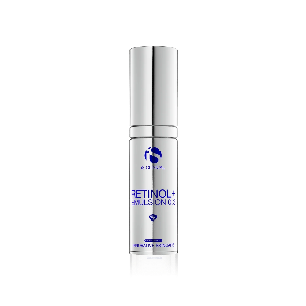 Skincare bottle labeled 'Retinol+ Emulsion 0.3' on a white background